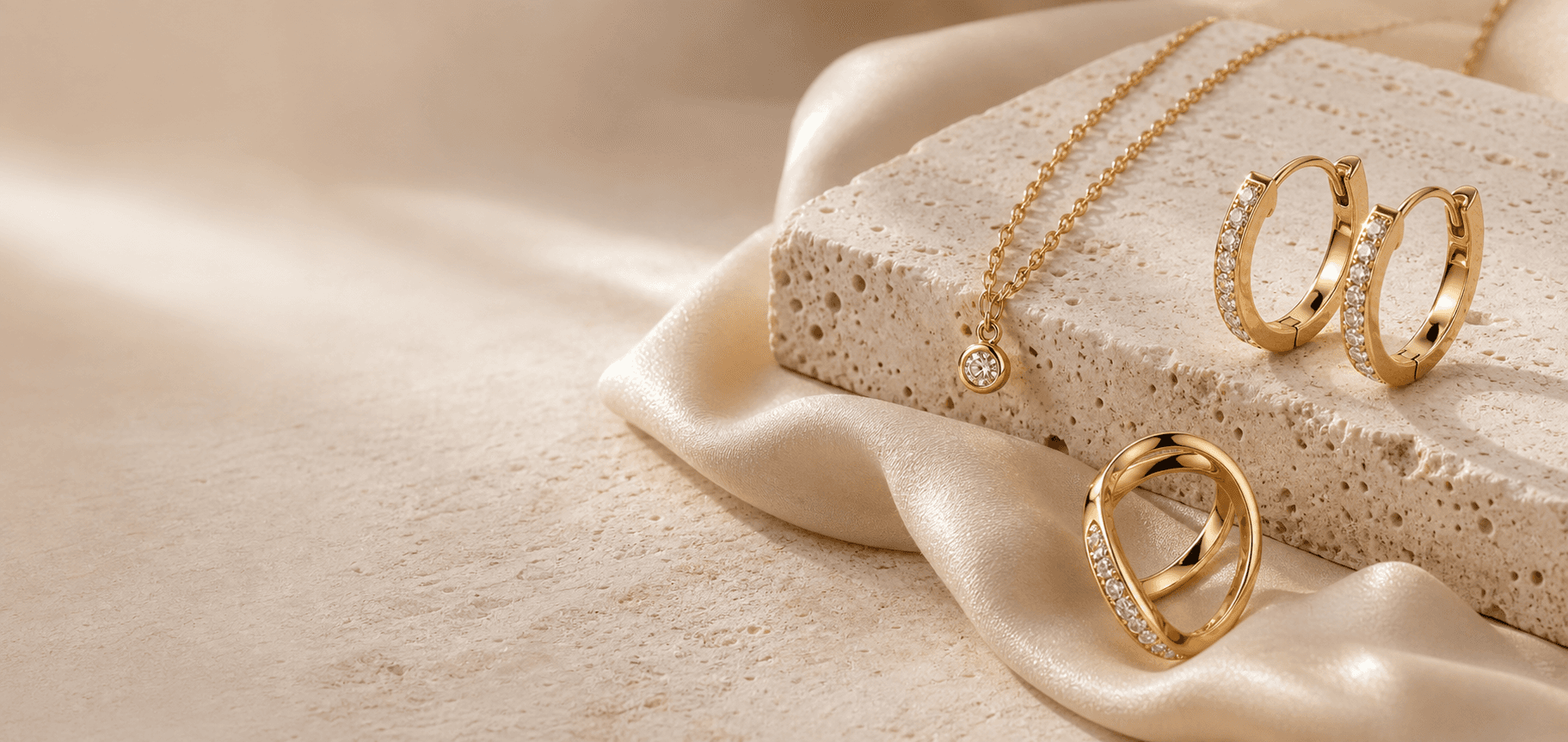 Fashion jewellery arranged on warm stone and silk